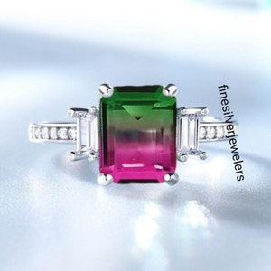 Vintage Watermelon Tourmaline Ring, 925 Silver Ring, Tourmaline Doublet Quartz Ring, Emerald Cut Watermelon Tourmaline, Bio Color Ring