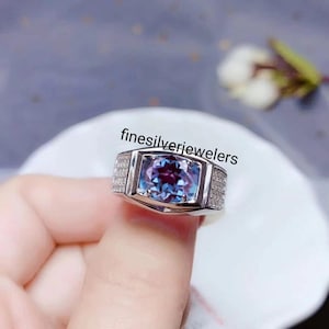 Men&#39;s Alexandrite Ring Halo Ring Round Cut Engagement Ring Silver Color Changing June Birthstone Rings