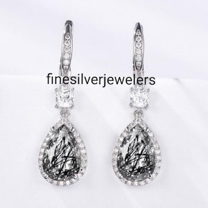 Teardrop Black Rutile Quartz Earrings-Pear Cut Black Rutilated Quartz Hoop Earrings-Black Rutile Vintage Earrings for Women's