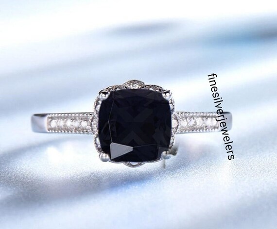Black Onyx Ring Cushion Cut Ring Sterling Silver Engagement Ring for Women