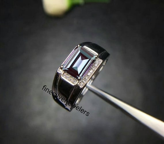 Lab Created Alexandrite Ring for Men s Engagement Ring Emerald Cut Color Change Gemstone Sterling Silver Ring June Birthstone Ring Etsy