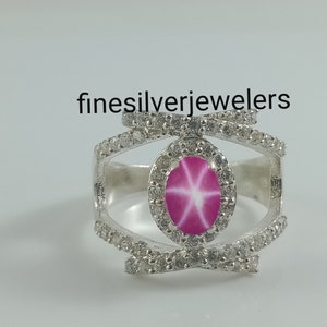 Pink Star Ruby Ring in Sterling Silver Ring, Lindy Star Ruby Vintage Engagement Art Deco Ring Pink Cabochon Ring,