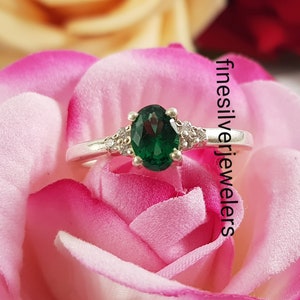Emerald Wedding Ring Oval Cut Solid Silver Ring Engagement Ring Cluster Ring  Bridal Ring Promise Ring Anniversary Gift