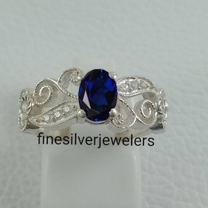 Lab Blue Sapphire Ring, Wedding Ring, Oval Cut Blue Gemstone, September Birthstone, Solid Sterling Silver Sapphire Jewelry