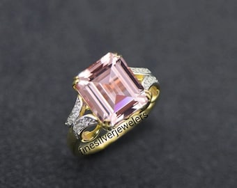 Emerald Cut Morganite Engagement Ring GOLD PLATED Pink Morganite Halo Ring Solitaire Pink Gemstone Ring Minimalist Morganite Ring For Women