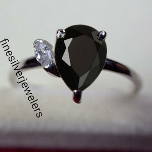 Anniversary Black Onyx Ring Pear Cut Black Gemstone Sterling Silver Ring Gifts for Her