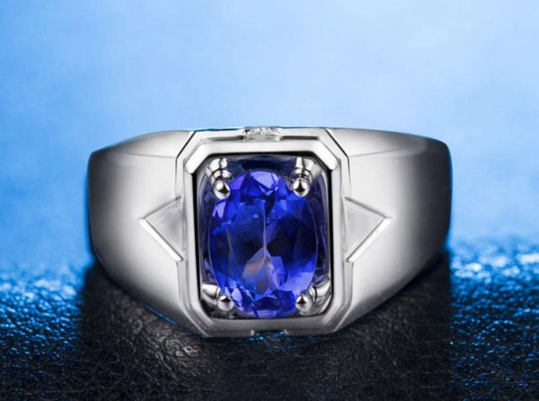 Oval Tanzanite Ring, Lab Tanzanite Ring, Sterling Silver Ring, Men's