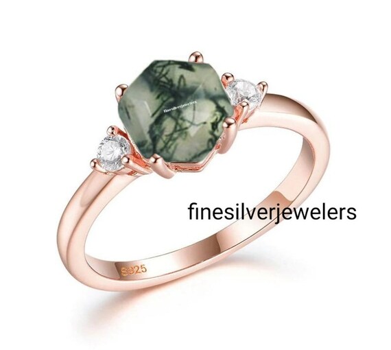 Octagon Moss Agate Engagement Ring 14k Rose Gold Plated