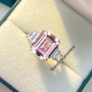 Emerald Morganite Ring, 3 carats 10*8 Morganite Engagement Ring, Three stone Morganite Ring, 925 Sterling Silver, Pink Stone Ring