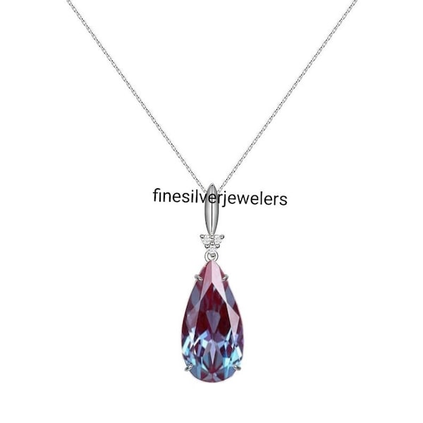 Collier Alexandrite Tear Drop, Taille Poire, Argent Sterling, Pierre Précieuse Changeante, Pendentif Alexandrite Délicat