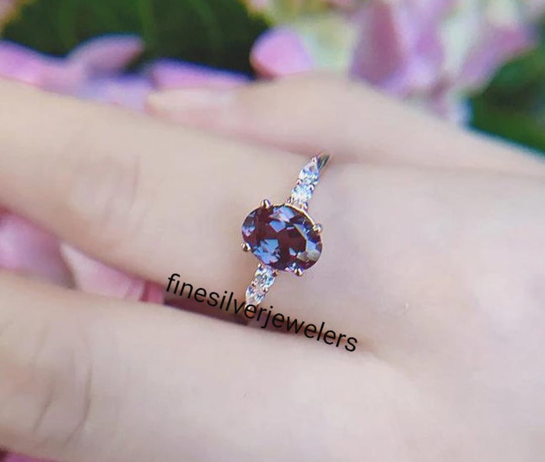 Lab Created Alexandrite Ring Oval Cut Gems Color Changing Gemstone June ...