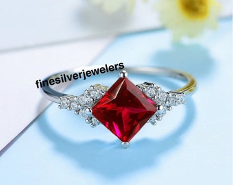 Princess Cut Ruby Engagement Ring, July Birthstone Promise Ring Silver Red Gem Cluster Ring