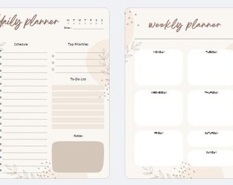 Op de afbeelding: Een printbare dagelijkse en wekelijkse planner met een beige achtergrond en bloemmotieven. De dagelijkse planner heeft secties voor schema, topprioriteiten, to-do-lijst en notities. De wekelijkse planner heeft secties voor elke dag van de week.