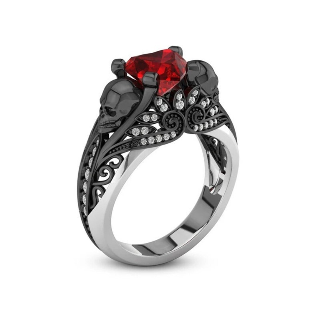 Black skull engagement ring for outlet women heart ruby stone and lotus