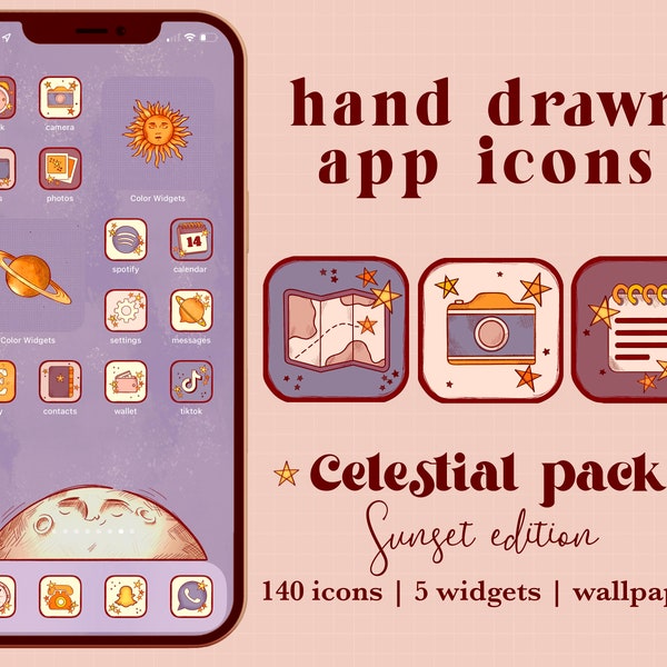Celestial Sunset IOS App Icons | Space Theme App Covers | IOS 16, 17 iPhone and iPad Aesthetic Homescreen Customization | Pink cute Icons ||
