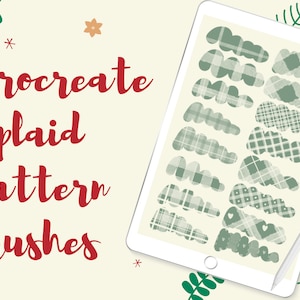May include: 18 Procreate plaid pattern brushes displayed on a digital tablet screen. The brushes are green and white plaid patterns in various styles.