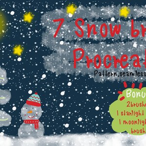 May include: 7 Snow Brush Procreate - Pattern, seamless, stamps. Bonus: 2 brushes, 1 starlight brush, 1 moonlighting brush. A digital illustration of a snowy night scene with a snowman, a tree, a crescent moon, and stars.
