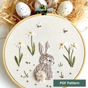 Cute Bunny Embroidery Pattern, Easter Bunny Hand Embroidery PDF, Modern rabbit, daisies and happy bees  embroidery Design, Easter embroidery