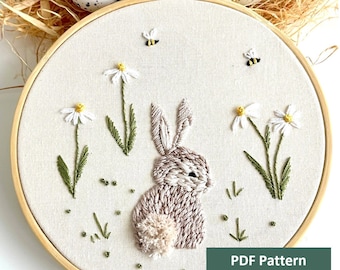 Cute Bunny Embroidery Pattern, Easter Bunny Hand Embroidery PDF, Modern rabbit, daisies and happy bees  embroidery Design, Easter embroidery