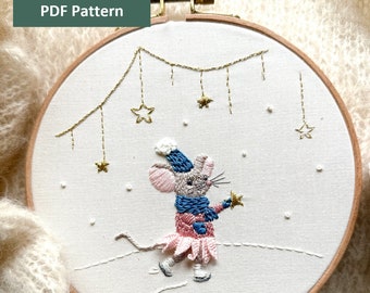 Embroidery Pattern Ice Skater Hand Embroidery Little Mouse PDF Winter Embroidery Girl room décor Whimsical mouse Design in Pastel Colors