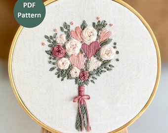 Embroidery Pattern – Bouquet Hearts and Roses Hand Embroidery Design, Beginner embroidery pattern PDF, DIY Birthday gift in the pastel color