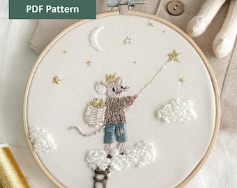 Little Mouse Embroidery Pattern PDF In the clouds nursery room décor Whimsical mouse embroidery gift for boy with Step by Step Instructions