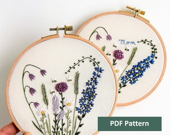 Wildblumen Wiese Stickmuster, Blumen und Kräuter Herz Handstickerei, Botanische Gras Stickerei PDF, Gartenblumenmuster