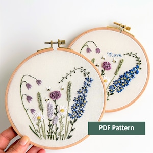 Wilde bloemen weide borduurpatroon, bloemen en kruiden hart hand borduurwerk ontwerp, botanisch gras borduurwerk PDF, tuin bloemenpatroon