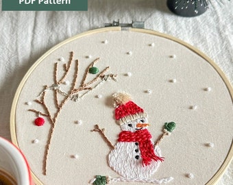 May include: Embroidered snowman hoop art. The design features a snowman wearing a red hat and scarf, green mittens, and a carrot nose. A tree with red and green ornaments is on the left. The text "PDF Pattern" is in the upper left corner.
