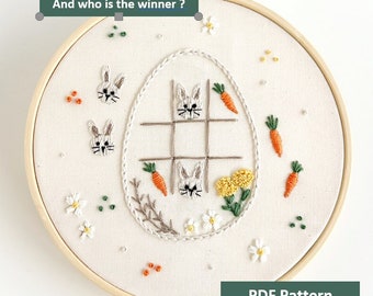 Op de afbeelding: Borduurkunst in een hoepel met een wit ei met een raam erin. Drie konijnen kijken door het raam, en er liggen wortels rond het ei. De tekst "And who is the winner?" staat boven de hoepel.