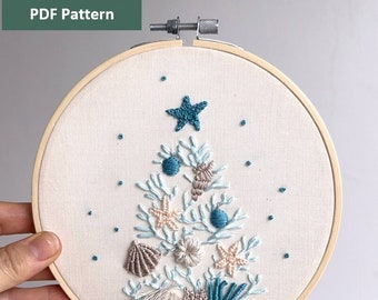 Embroidry Pattern, Coastal Christmas Tree, Christmas Under the sea Step By Step PDF Pattern, Sea-themed Christmas Ornament Embroidery Design