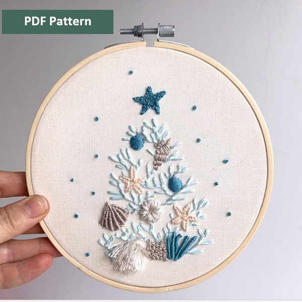Embroidry Pattern, Coastal Christmas Tree, Christmas Under the sea Step By Step PDF Pattern, Sea-themed Christmas Ornament Embroidery Design