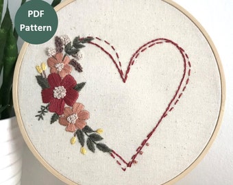 Patrón de bordado de corazón floral en PDF, diseño de bordado de corazón fácil para principiantes, corazón de flor DIY, regalo del Día de la Madre, tutorial de bordado a mano