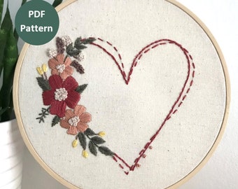 Embroidery Pattern - Floral Heart Embroidery Pattern, Beginners Flowers Embroidery, ,  Mother’s Day Embroidery Digital Design PDF, Easy todo