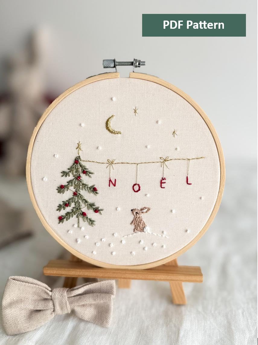 Christmas Embroidery Pattern Whimsical Noel Bunny and Christmas Tree Embroidery PDF Winter Scene Embroidery Design Step by Step Instructions