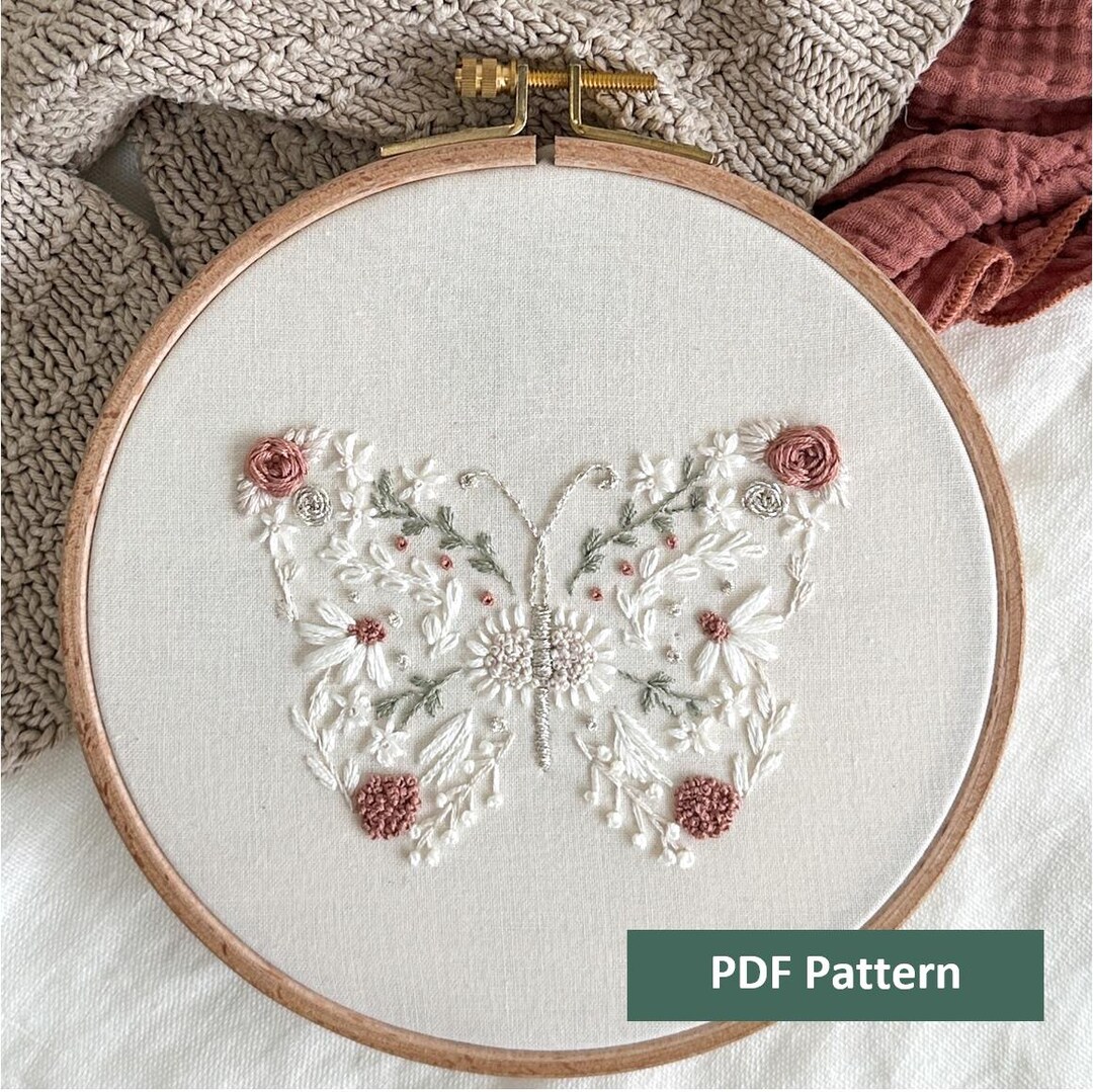 Pink Butterfly Pdf Floral Butterfly Embroidery Pattern PDF Neutral Botanical Butterfly ...