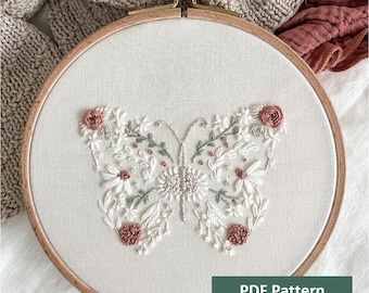Floral Butterfly Embroidery Pattern PDF Neutral Botanical Butterfly Design for Girls Beginner Friendly Embroidery Pattern with Instructions
