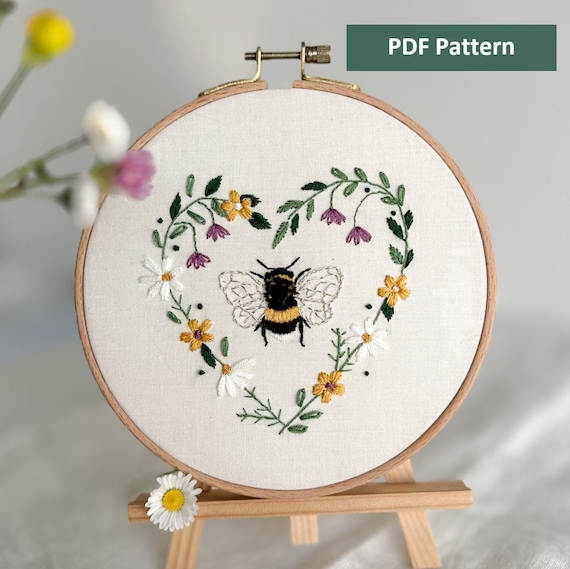 Bee Embroidery Pattern Beginner PDF Queen Bee in Heart Bloom Embroidered Clothing Design with Step by Step Instructions Gift for Bee Lovers