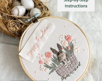 Motif de broderie de Pâques Lapin dans un panier tulipe Motif de broderie pour les débutants Instructions étape par étape de broderie de panier de lapin de Pâques