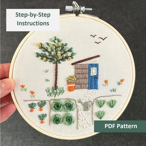 Vegetable Garden Embroidery Pattern, Summer Garden Hand Embroidery Step by Step Guide, Garden with Shed Embroidery Design, Potager  PDF
