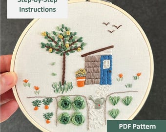 Motif de broderie de jardin potager, guide étape par étape de broderie à la main de jardin d'été, motif de broderie de jardin avec abri, Potager PDF