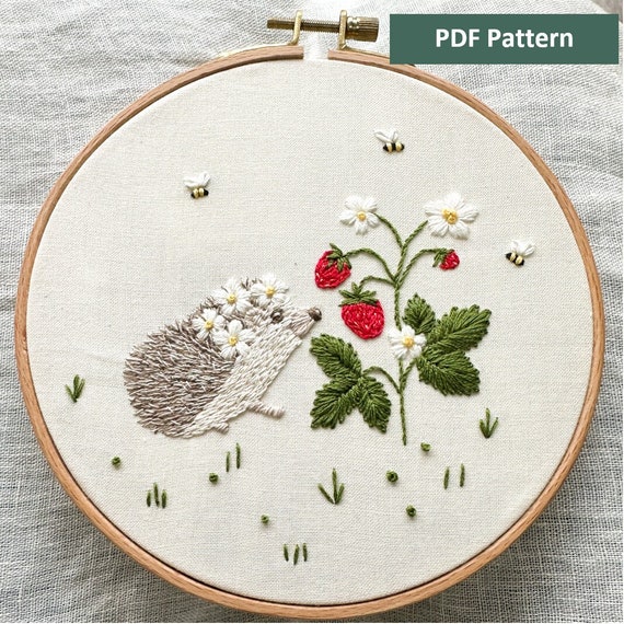 Hedgehog Embroidery Pattern PDF for Woodland Room Décor Hedgehog and Strawberries Embroidered Clothing Design with Step by Step Instructions