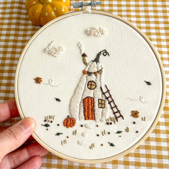かぼちゃの家の刺繍パターンPDF 初心者向けハロウィン刺繍デザイン