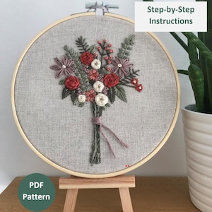 Modello di ricamo moderno per bouquet PDF, disegno di ricamo floreale con istruzioni passo passo, ricamo a mano fai da te, regalo per un amico