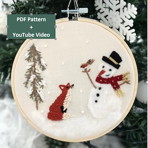 Embroidery pattern Snowman and Fox,  Winter Hand Embroidery with basic 2d needle felting Step by Step Instructions, Christmas Ornament PDF