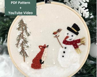 Embroidery pattern Snowman and Fox,  Winter Hand Embroidery with basic 2d needle felting Step by Step Instructions, Christmas Ornament PDF