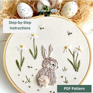 Cute Bunny Embroidery Pattern, Easter Bunny Hand Embroidery PDF, Modern rabbit, daisies and happy bees  embroidery Design, Easter embroidery