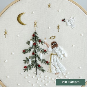 Angel Lighting Up the Christmas Tree Embroidery Pattern, Christmas Angel Girl hand embroidery step by step, Silent Night Christmas Tree PDF