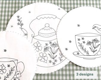 Tea Party Embroidery Pattern Trio Tea Kettle with Tea Cups Embroidery Design Floral Tea Table Runner Embroidery PDF Pattern Garden Decor