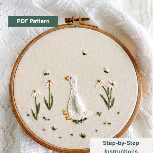 Lindo patrón de bordado de ganso en PDF. Anuncio de bebé. Patrón de bordado de ganso divertido para principiantes para guardería. Regalo DIY para niños pequeños. Bordado.